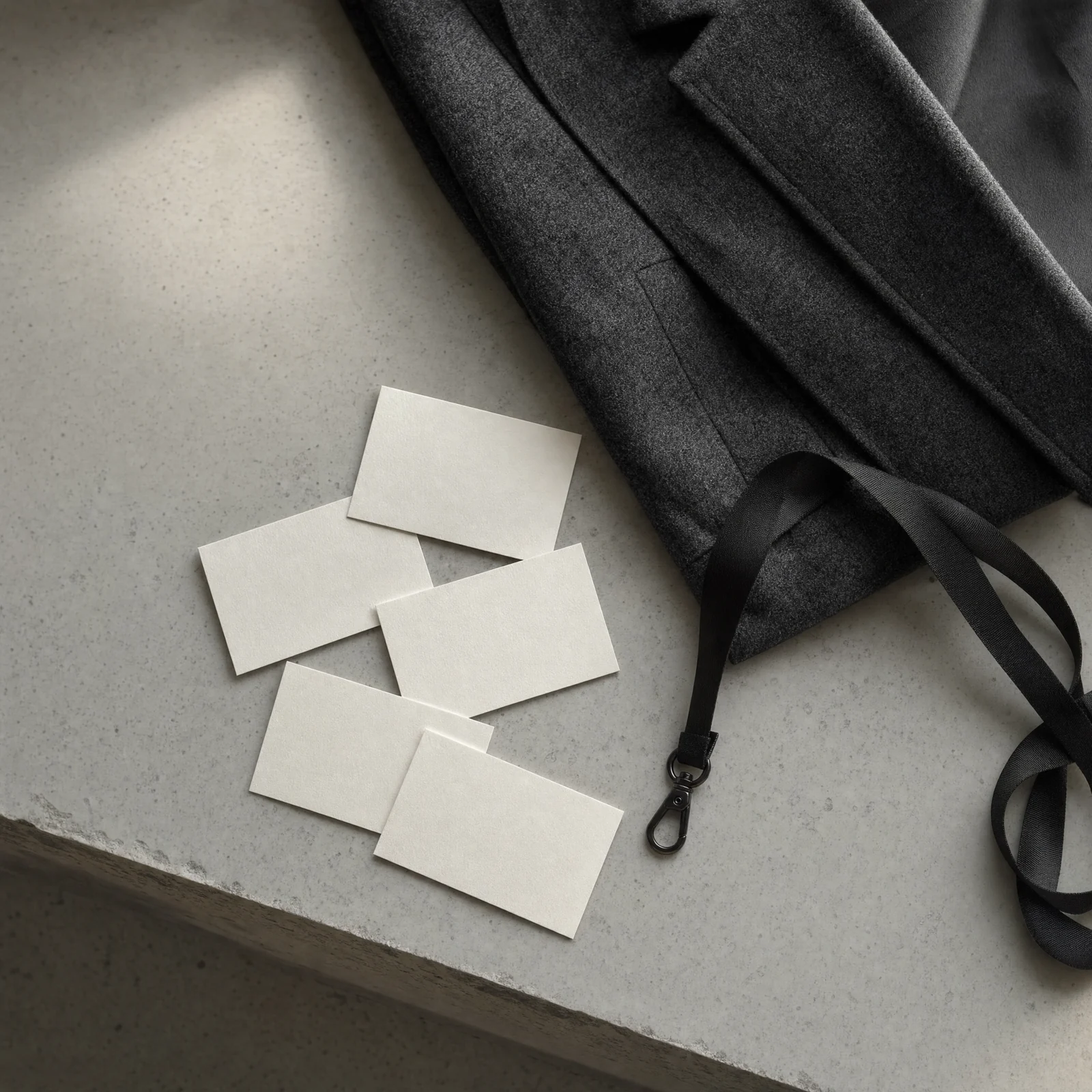Business cards beside a charcoal jacket and event lanyard